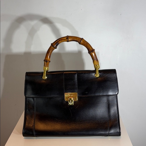 GINZA Kanematsu Handbag black leather bamboo style handle vintage - Picture 15 of 15